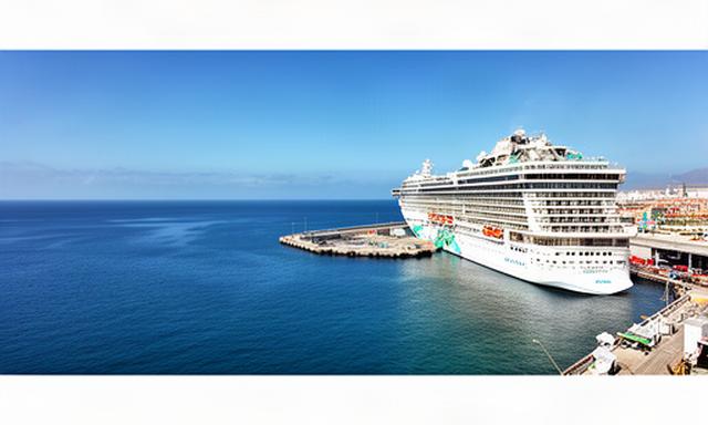 Barco de crucero atracado en el Muelle La Esfinge de Las Palmas con el cielo azul del Atlántico al fondo