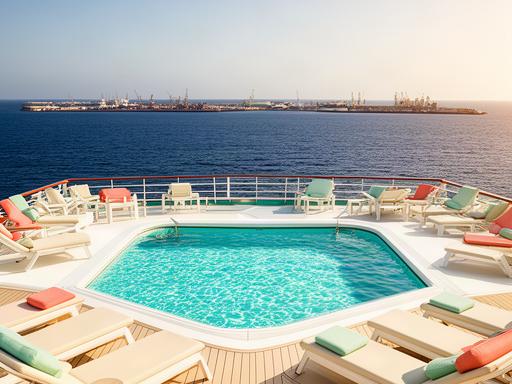 Cubierta de crucero con piscina y tumbonas mirando al mar desde el puerto de Las Palmas